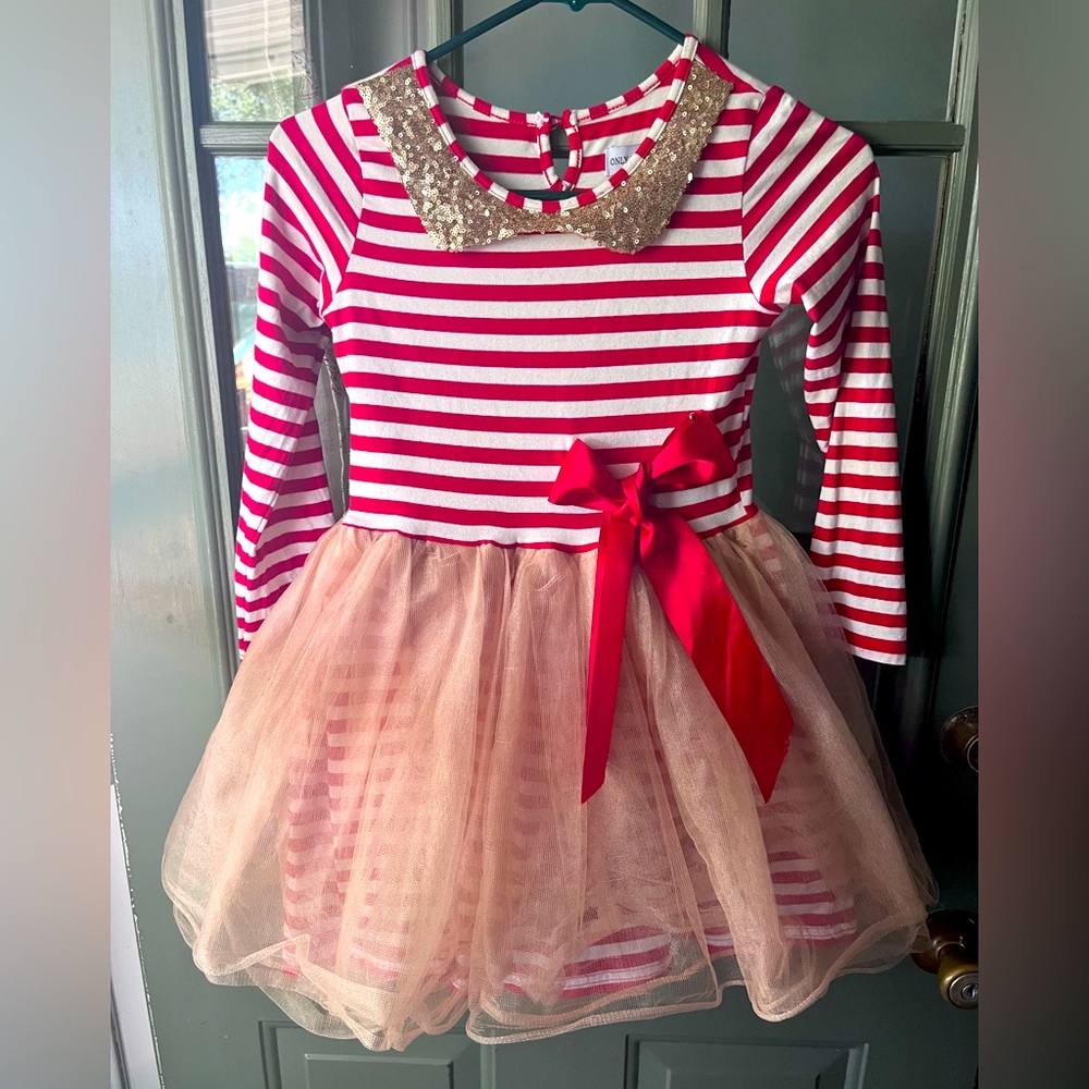 Only Little once peppermint stripe dress with gold tutu overlay
